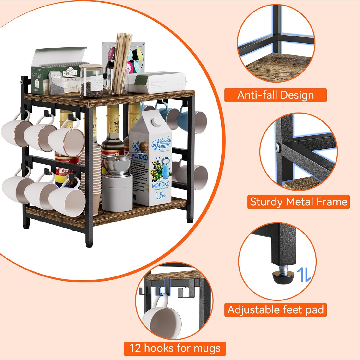 2-Tier Large Coffee Bar Storage For Home Coffee Station
