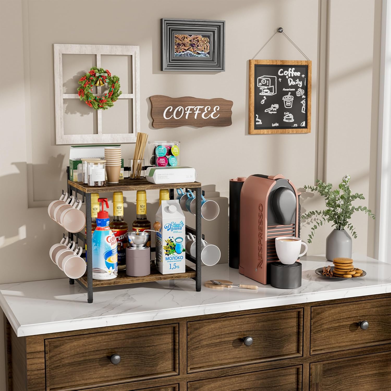 2-Tier 15.7 W 9.8D Large Coffee Bar Storage For Home Coffee Station