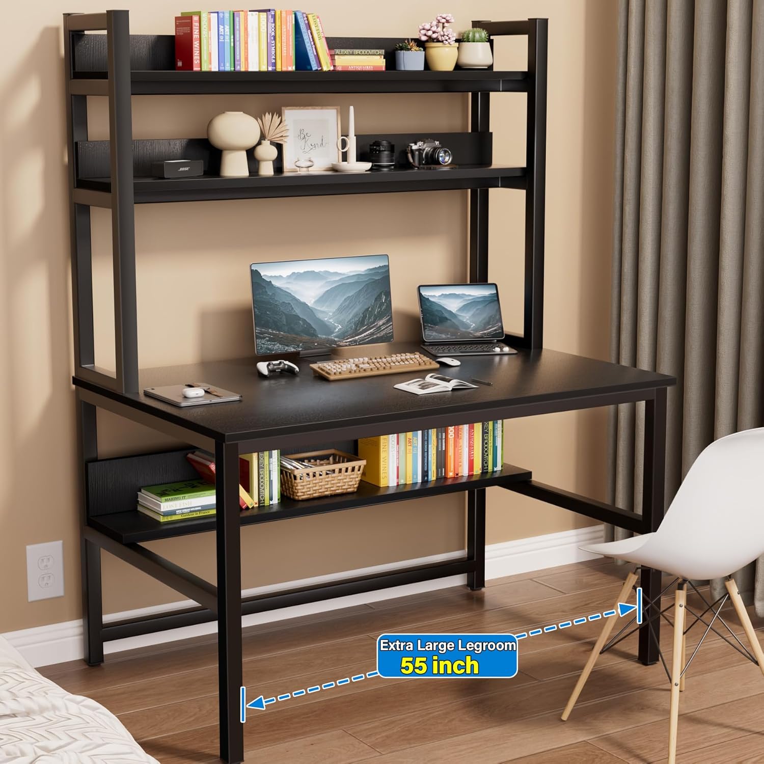 55 inch Width Black Desk with Space Saving Storage Shelves