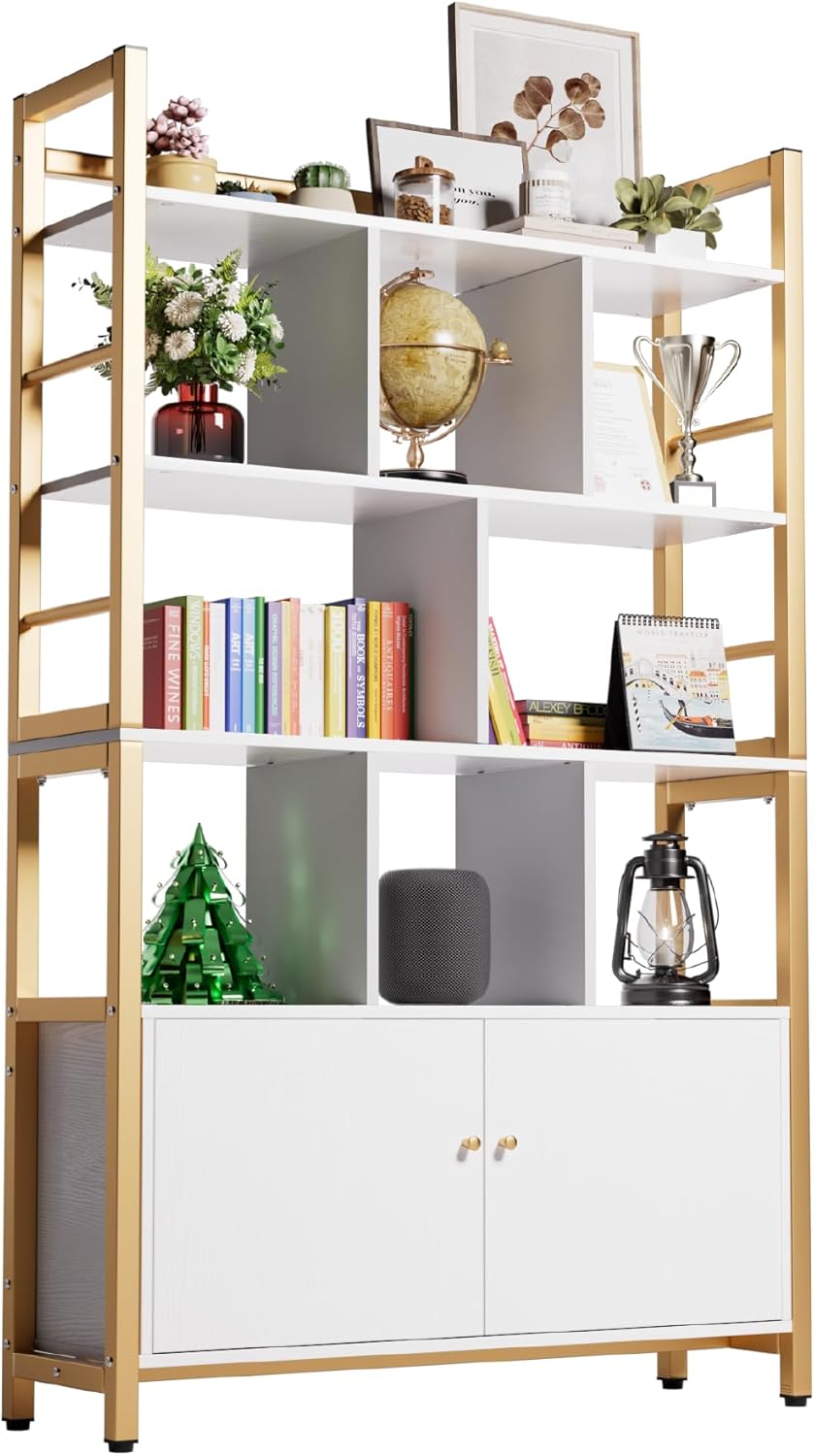 Aquzee Gold and White Bookshelf with Doors