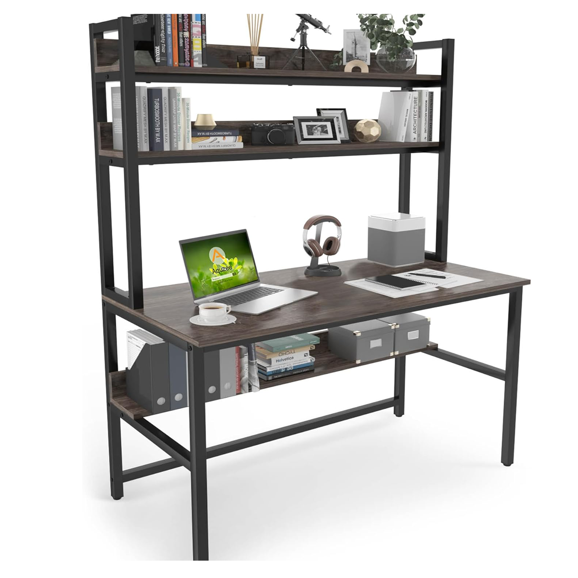 Aquzee Grey Computer Desk with 3-tier Storage Shelves