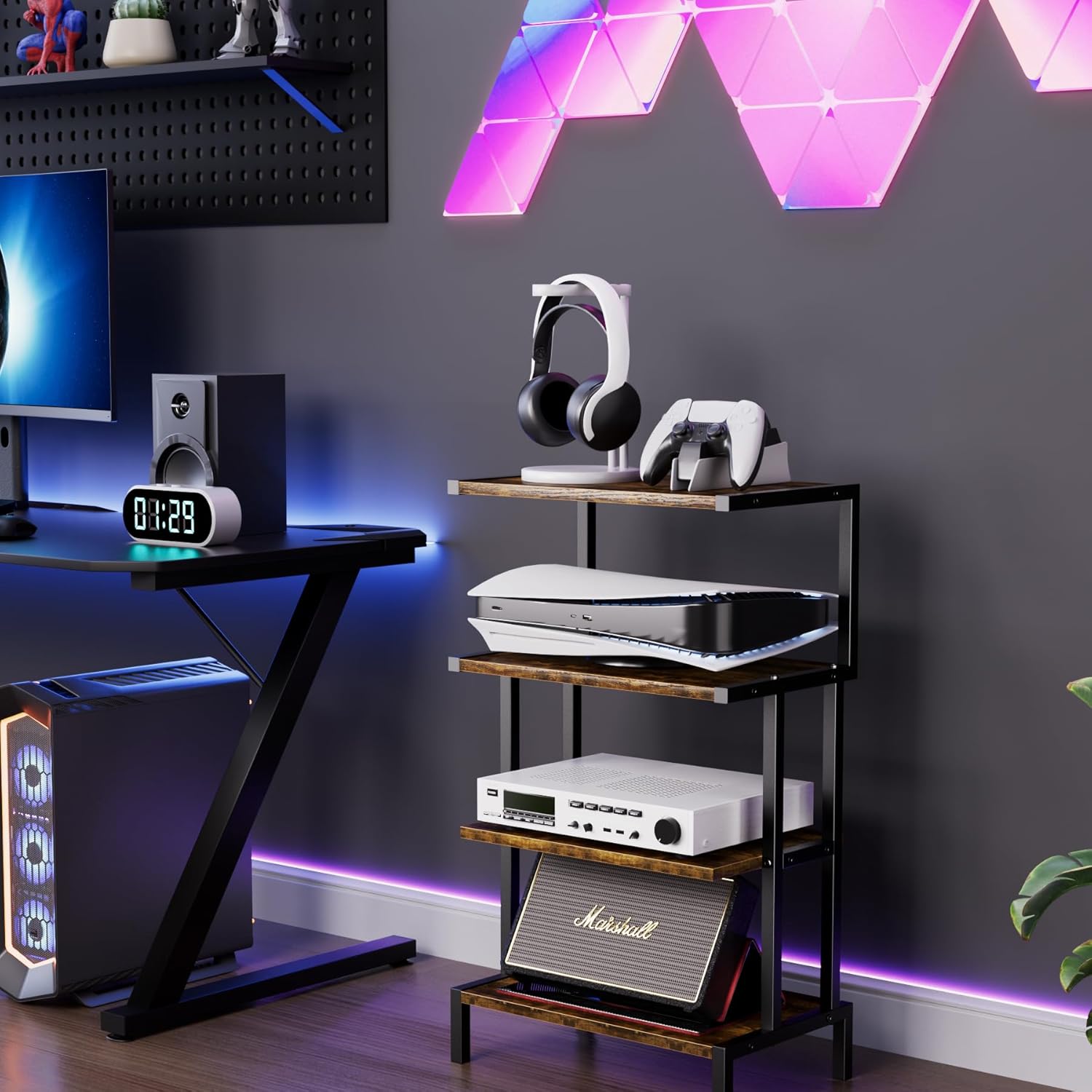 Corner Gaming Entertainment Rack with Storage Shelves for Audio Component