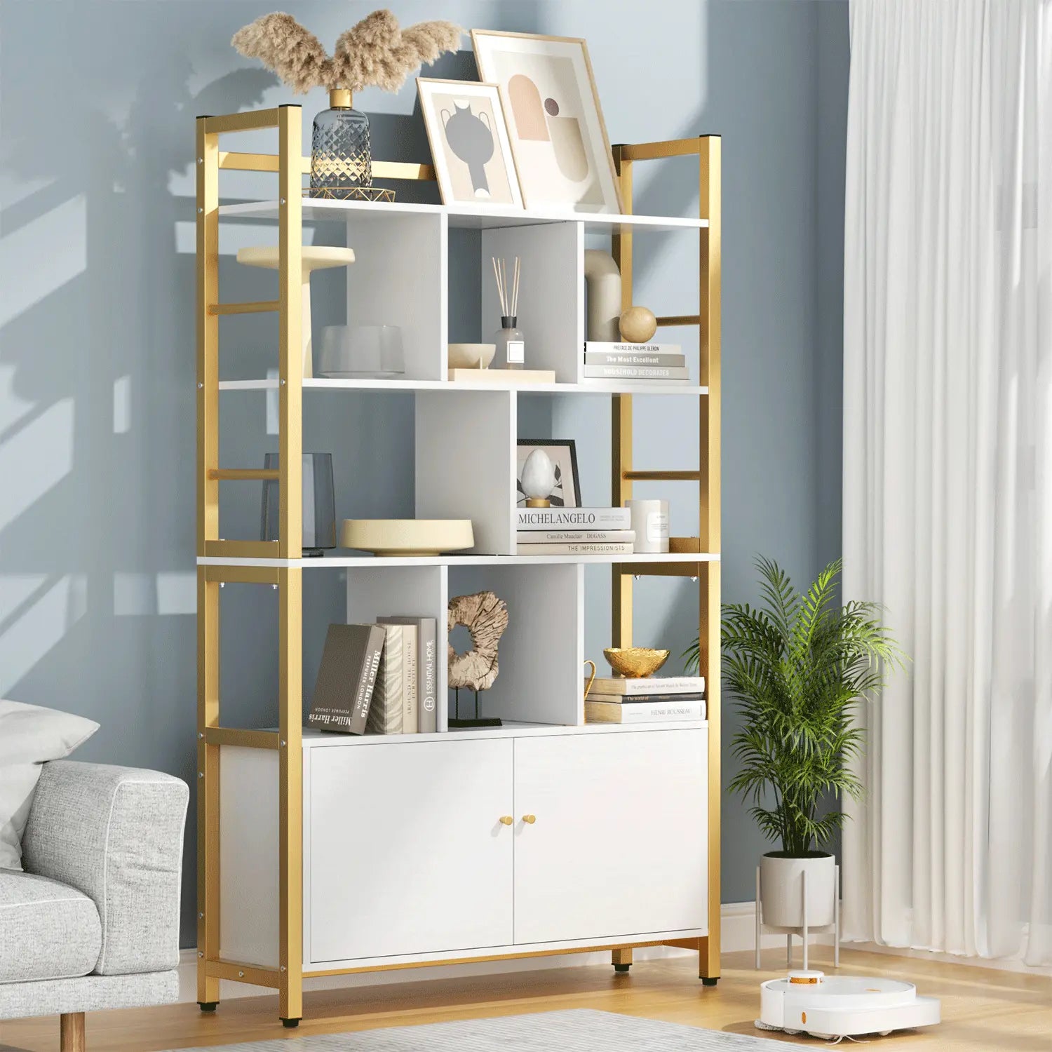 Gold and White Bookshelf with Doors