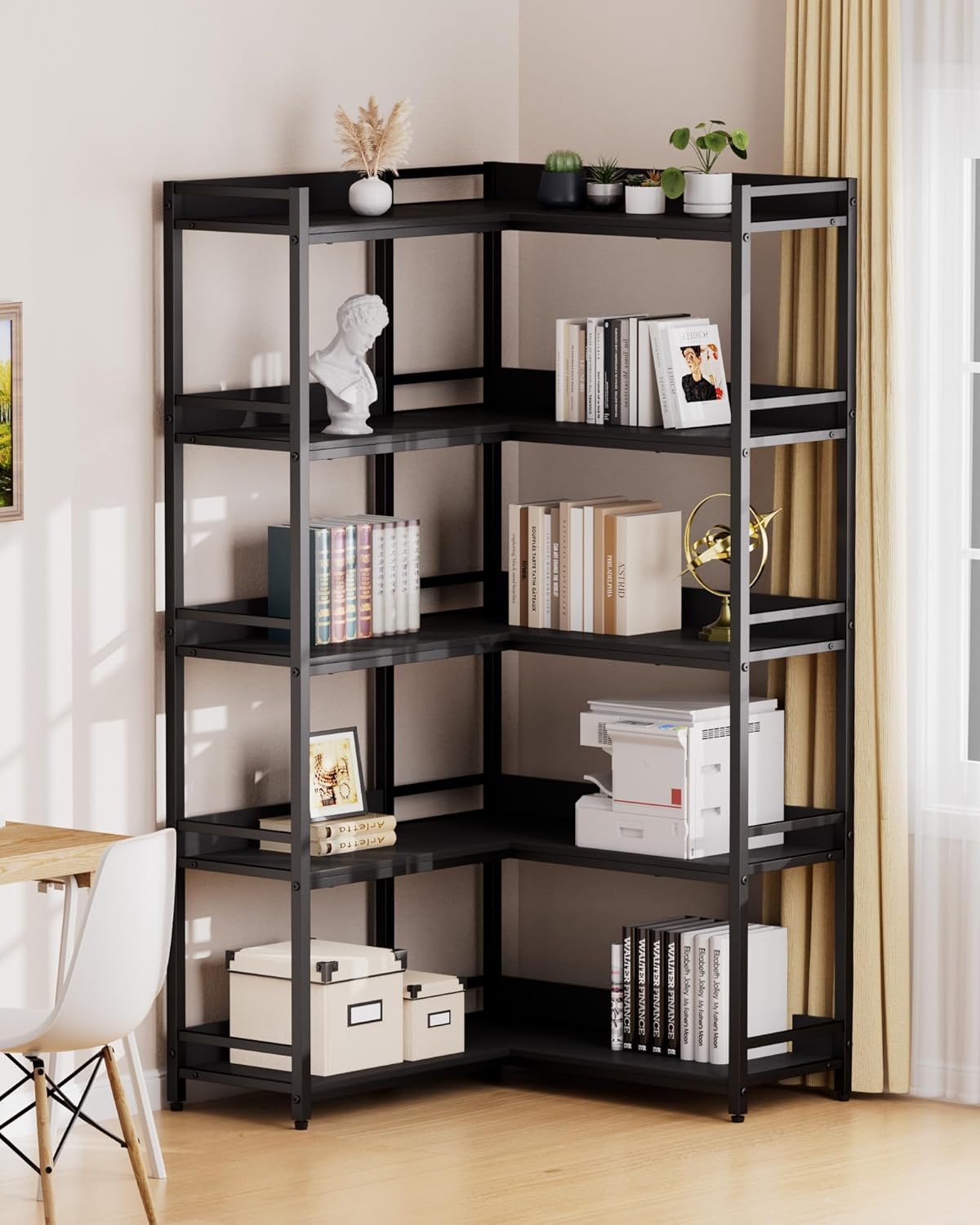 Modern Tall Corner Shelf Storage Display Rack with Sturdy Metal Frame