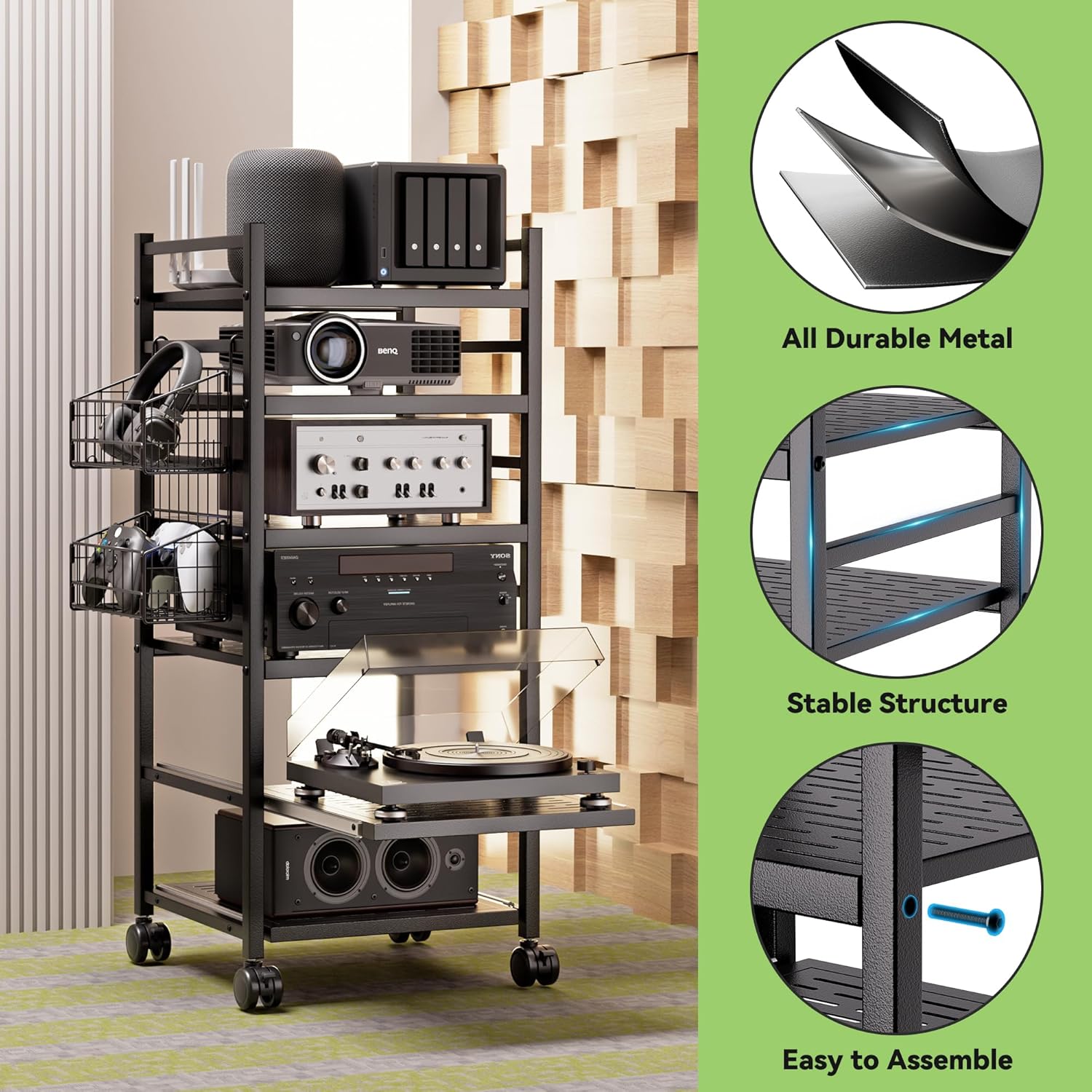 Stereo Audio Rack Stand with Wheels